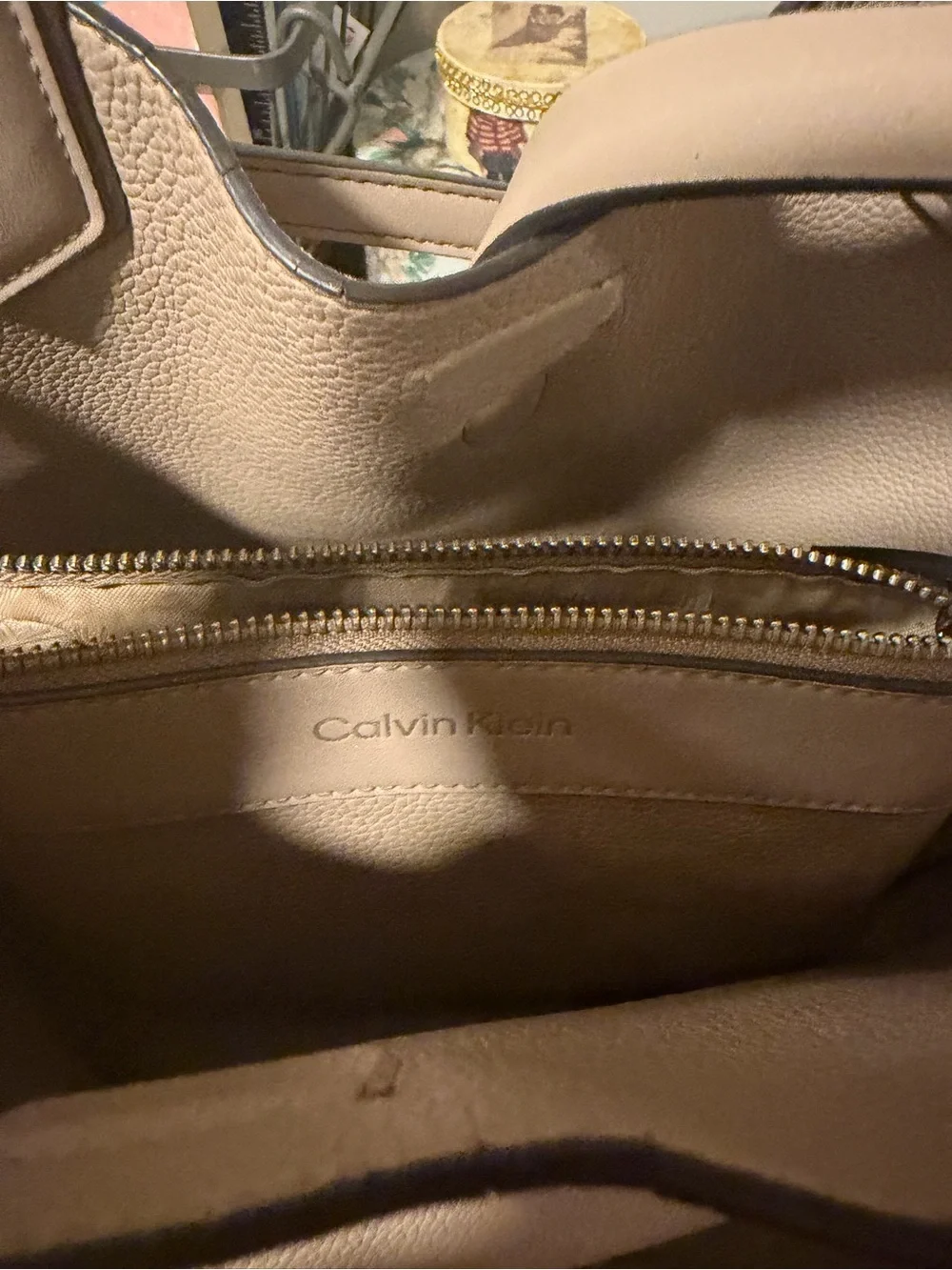 Calvin Klein Neutral Taupe Leather Tote with Zip Organizer